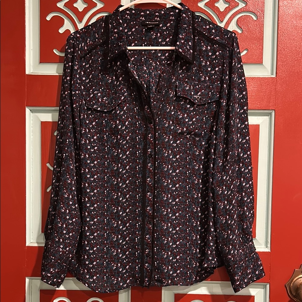 Women's Purple and Black floral I Heart Ronson sheer button down Sz L